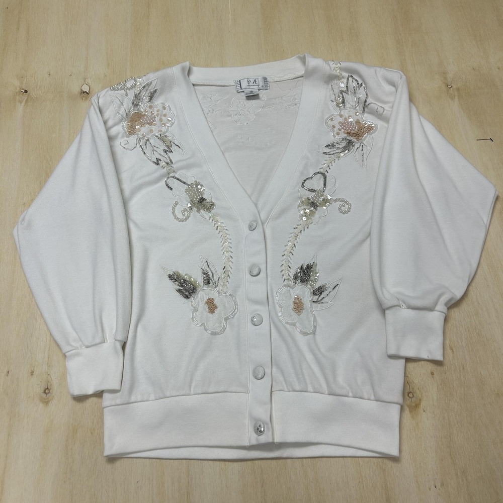 Vintage Beaded Floral Cottage Grandma Sweater Cardigan Womens Small White
